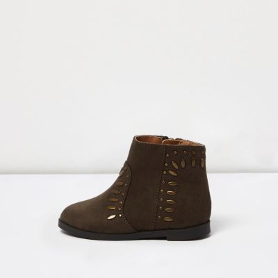 Mini girls khaki brown stud western boots